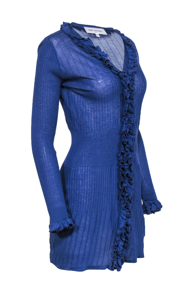Current Boutique-Anne Fontaine - Blue Ruffle Longline Button Front Cardigan Sz 6