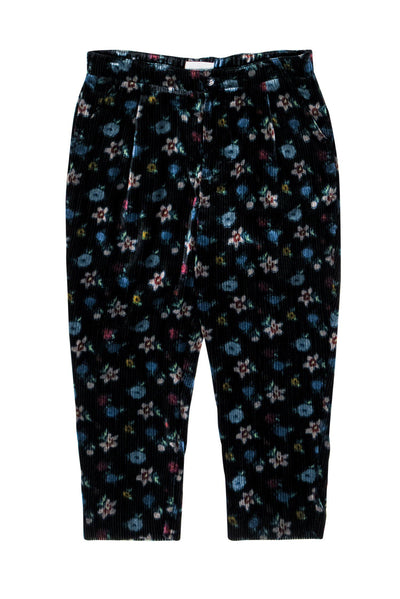 Current Boutique-Anthropologie - Black & Multicolor Floral Print Velvet Ribbed Straight Leg Pants Sz MP