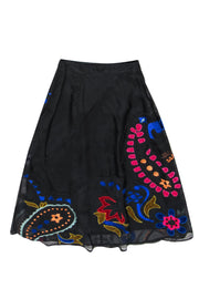 Current Boutique-Anthropologie - Black & Multicolor Velvet Embroidered Midi Skirt Sz 6