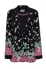 Current Boutique-Anthropologie - Black, Pink & Green Floral Print Single Button Belted Blazer Sz 12