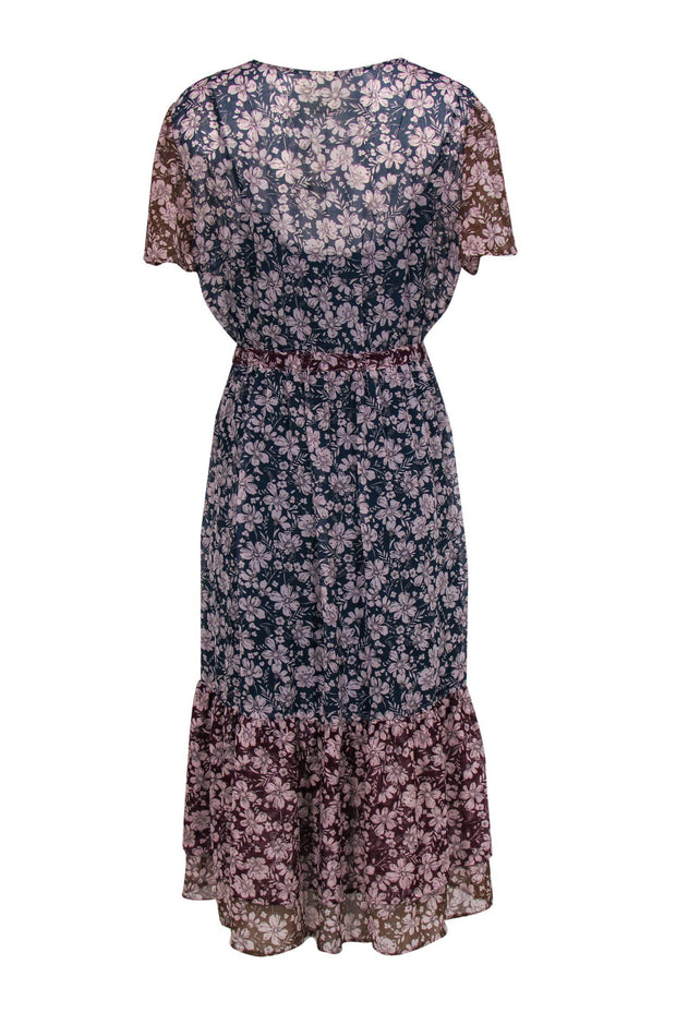 Current Boutique-Anthropologie - Blue, Burgundy & Brown Colorblocked Floral Print Maxi Dress w/ Gold Threading Sz L