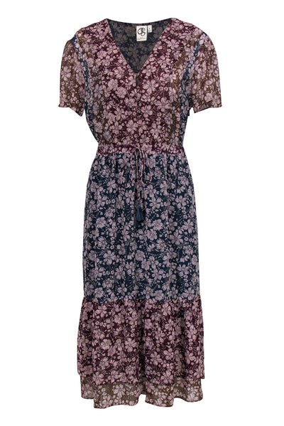 Current Boutique-Anthropologie - Blue, Burgundy & Brown Colorblocked Floral Print Maxi Dress w/ Gold Threading Sz L