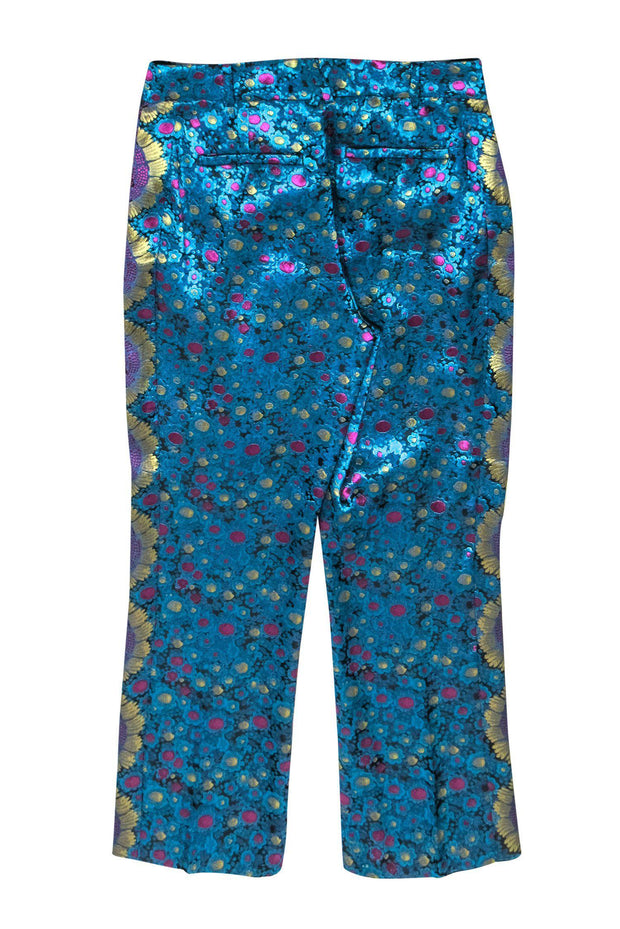 Current Boutique-Anthropologie - Blue, Magenta & Gold Metallic Floral Print Slim Trousers Sz 6