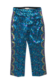Current Boutique-Anthropologie - Blue, Magenta & Gold Metallic Floral Print Slim Trousers Sz 6