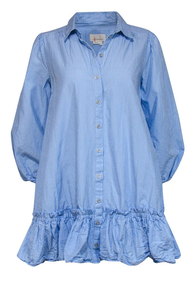 Current Boutique-Anthropologie - Blue Striped Cotton Collared Shift Dress w/ Ruffled Hem Sz S