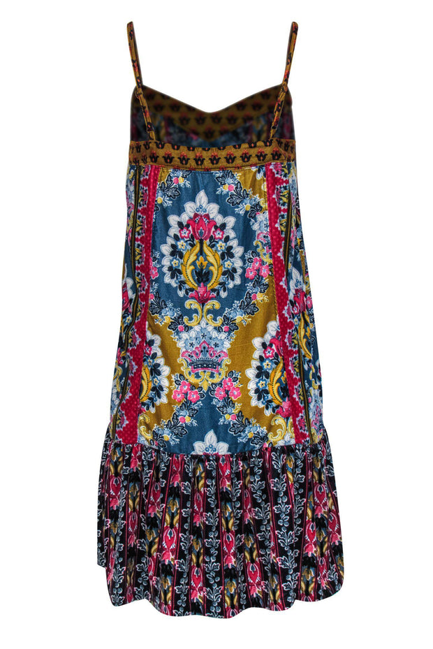 Current Boutique-Anthropologie - Bright Patterned Velvet Mini Ruffled Shift Dress Sz S