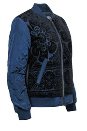 Current Boutique-Anthropologie - Navy & Black Floral Embroidered Zip-Up Bomber Jacket Sz S