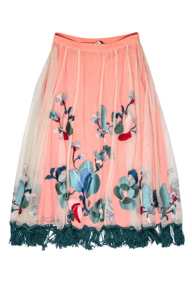 Current Boutique-Anthropologie - Peach Embroidered Tulle Maxi Skirt w/ Fringe Sz 10