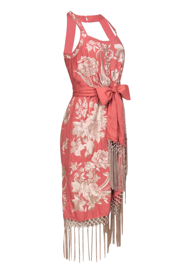 Current Boutique-Anthropologie - Pink & Cream Floral Embroidered Midi Dress w/ Fringed Trim Sz 4