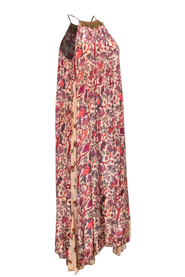 Current Boutique-Anthropologie - Pink, Purple & Red Floral Print Sleeveless Maxi Dress w/ Beading Sz S