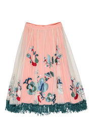 Current Boutique-Anthropologie - Pink Tulle Maxi Skirt w/ Floral Embroidery & Fringe Sz 4