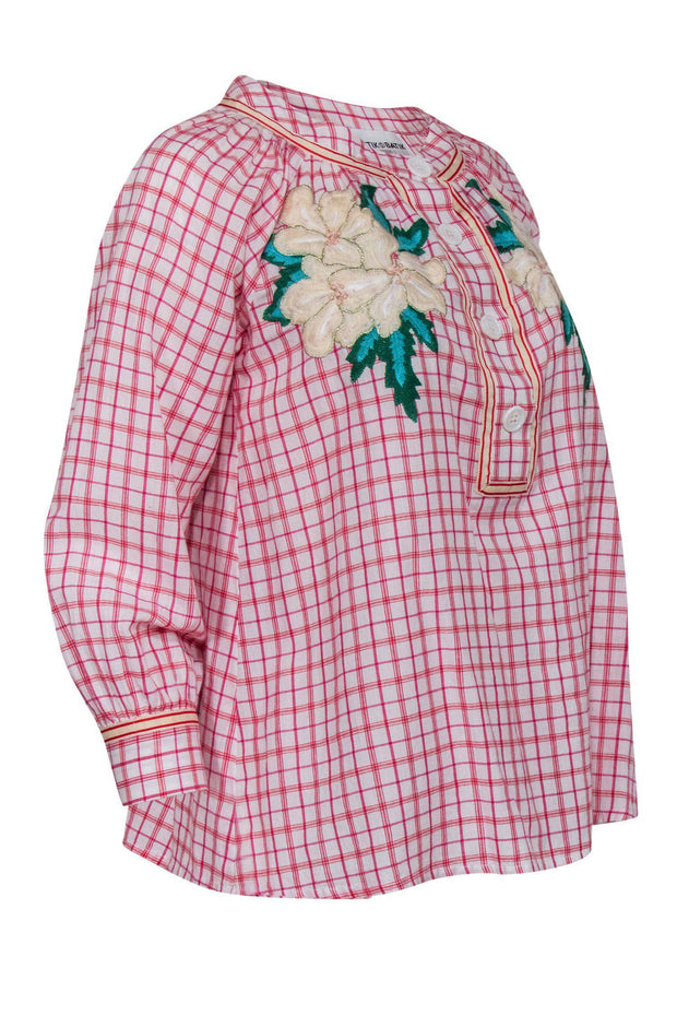 Current Boutique-Antik Batik - Red & White Plaid Quarter Button-Up Blouse w/ Floral Embroidery Sz XS