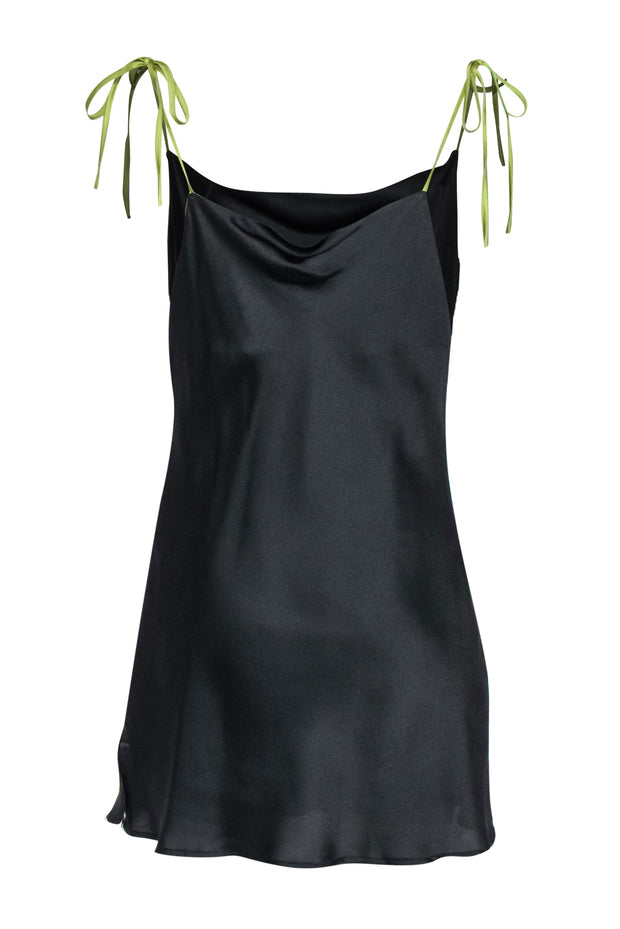 Current Boutique-Apparis - Black Sleeveless Satin Slip Dress w/ Green Tie Straps Sz M