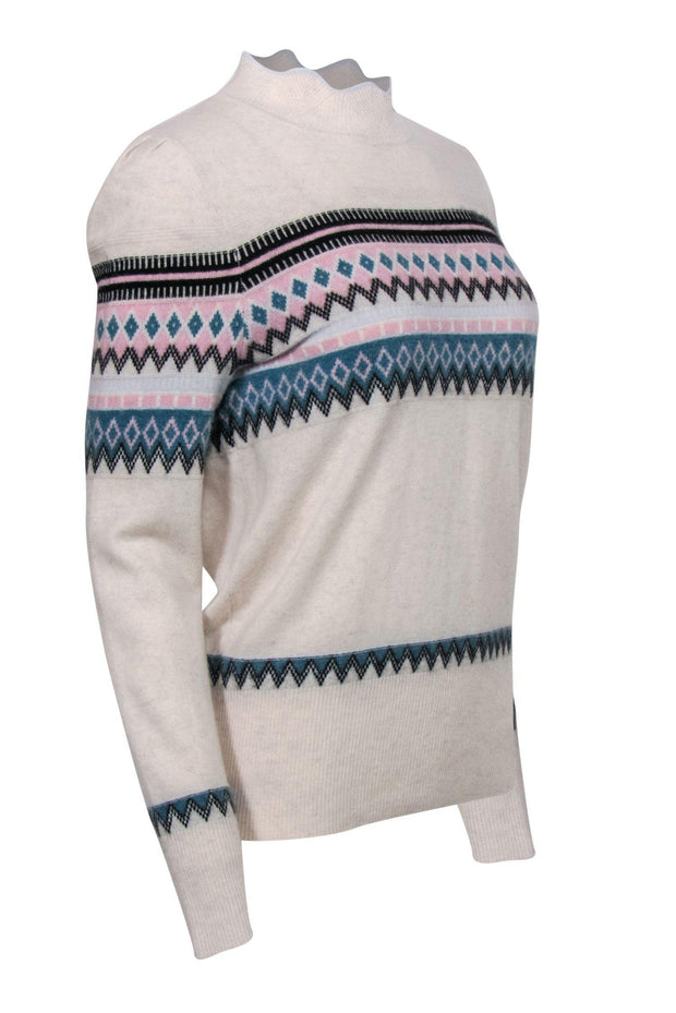 Current Boutique-Aqua Cashmere - Light Grey, Pink & Teal Fair Isle Mock Turtleneck Cashmere Sweater Sz L