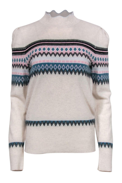 Current Boutique-Aqua Cashmere - Light Grey, Pink & Teal Fair Isle Mock Turtleneck Cashmere Sweater Sz L