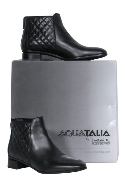 Current Boutique-Aquatalia - Black Leather Block Heel Ankle Booties w/ Quilted Trim Sz 9