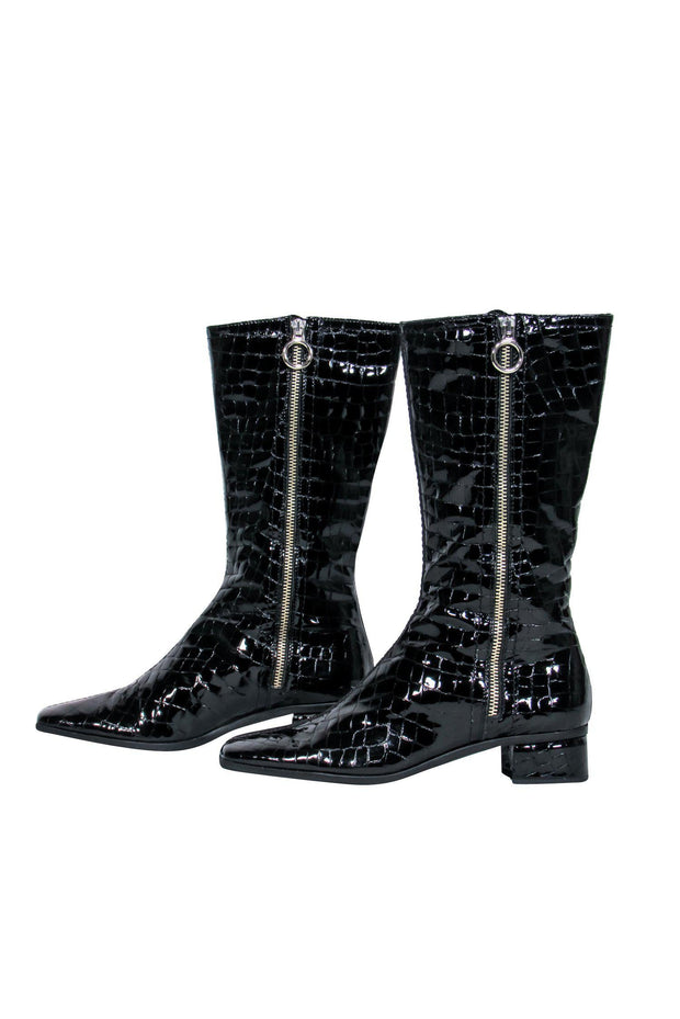 Current Boutique-Aquatalia - Black Patent Leather Crocodile Embossed Calf High Boots Sz 8.5