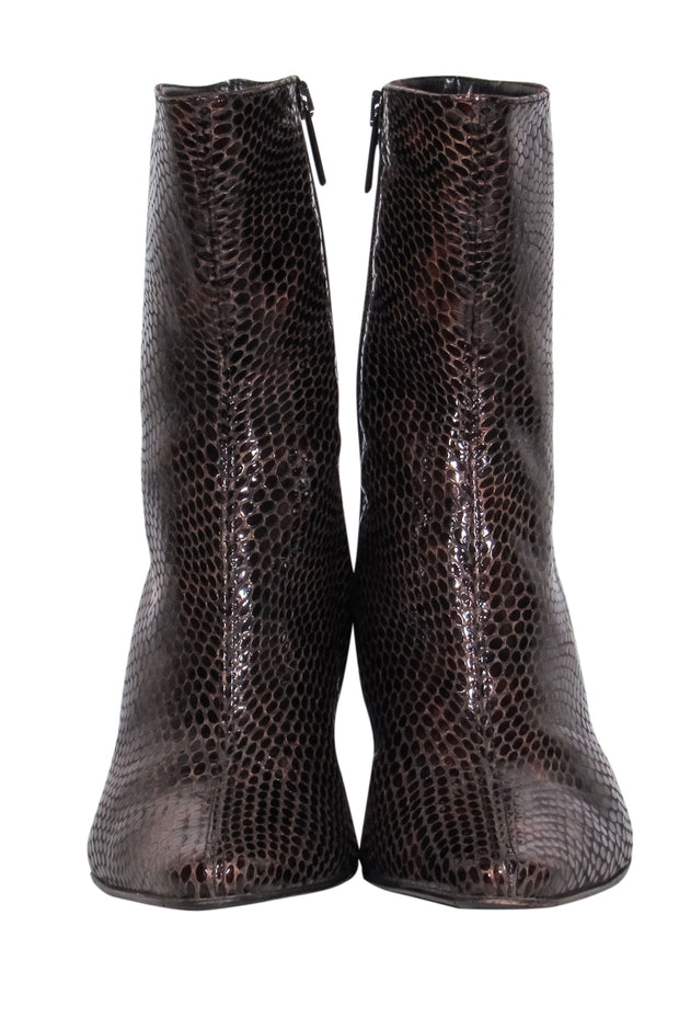 Current Boutique-Aquatalia - Brown Patent Leather Crocodile Design Calf-High Boots Sz 9.5