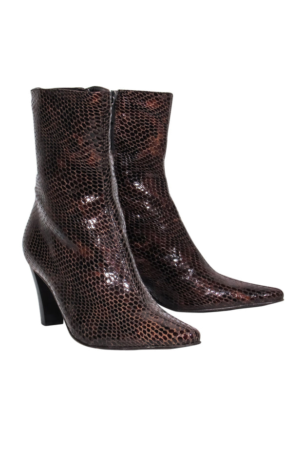 Current Boutique-Aquatalia - Brown Patent Leather Crocodile Design Calf-High Boots Sz 9.5