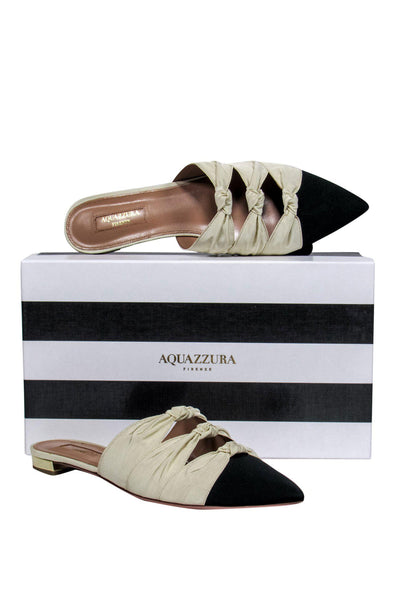 Current Boutique-Aquazzura - Cream & Black Pointed Toe Slip On Mules w/ Bows Sz 10.5