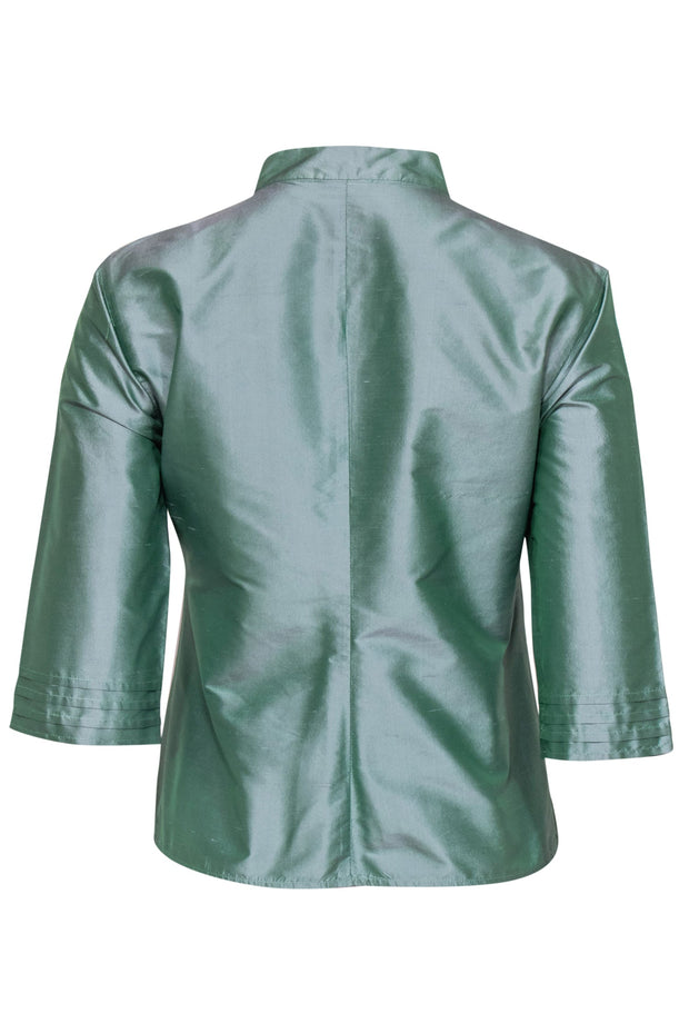 Current Boutique-Armani Collezioni - Aqua Green Metallic Silk Satin Button-Front Blouse Sz 6
