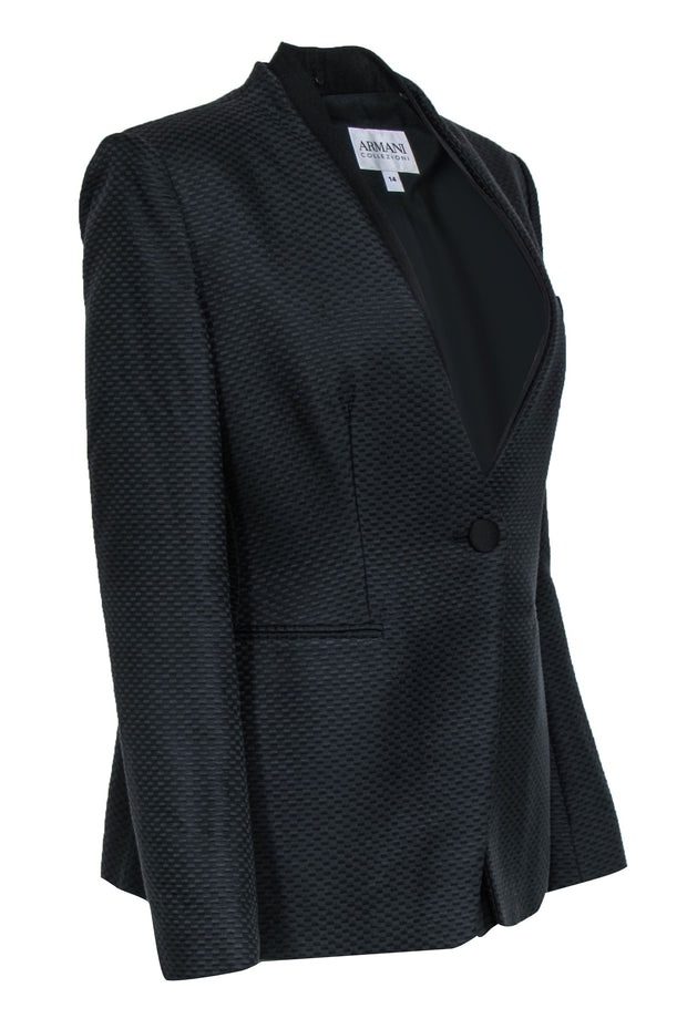 Current Boutique-Armani Collezioni - Black Cotton & Silk Textured Blazer w/ Double Collar Sz 14
