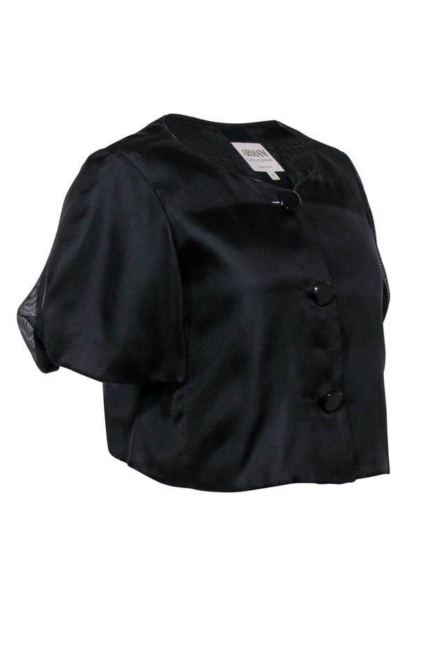 Current Boutique-Armani Collezioni - Black Cropped Puff Sleeve Button-Up Silk Jacket Sz 6