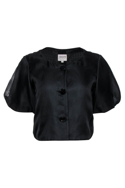 Current Boutique-Armani Collezioni - Black Cropped Puff Sleeve Button-Up Silk Jacket Sz 6