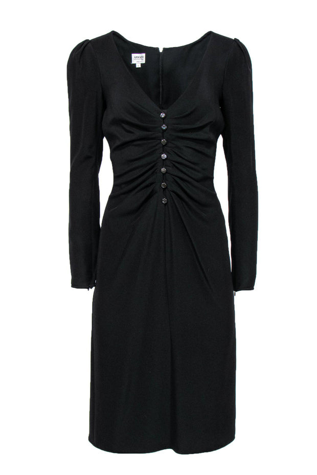 Current Boutique-Armani Collezioni - Black Long Sleeve Dress w/ Buttons & Ruching Sz 6
