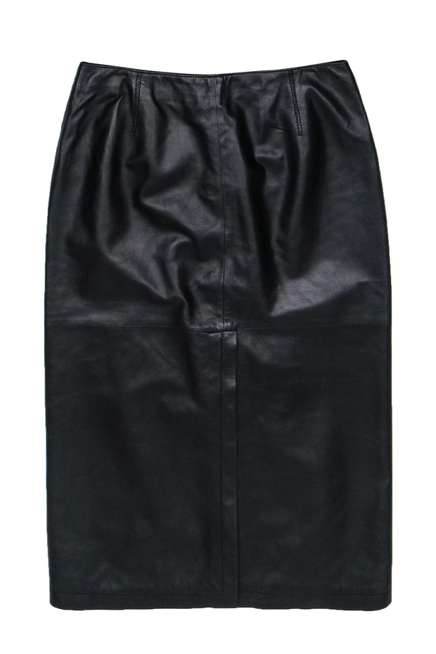 Current Boutique-Armani Collezioni - Black Smooth Leather Midi Pencil Skirt w/ Vent Sz 10
