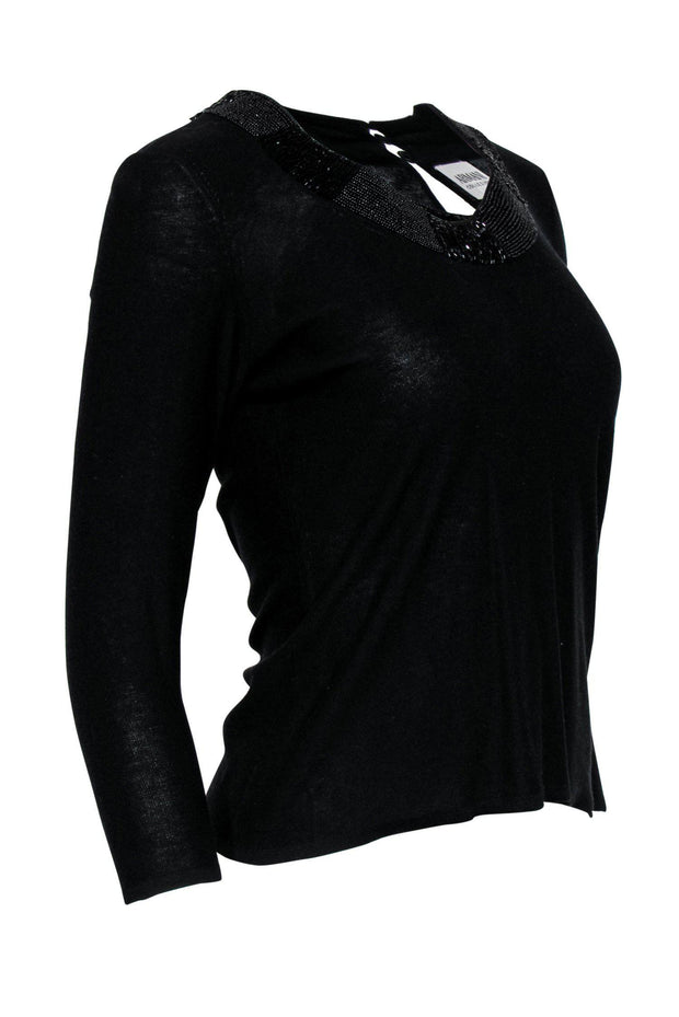 Current Boutique-Armani Collezioni - Black Thin Knit 3/4 Sleeve Sweater w/ Beaded Neckline Sz 6