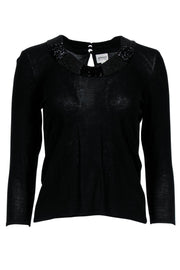 Current Boutique-Armani Collezioni - Black Thin Knit 3/4 Sleeve Sweater w/ Beaded Neckline Sz 6