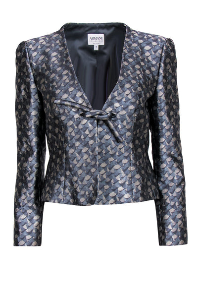 Current Boutique-Armani Collezioni - Blue & Grey Printed Jacket w/ Knot Front Sz 8