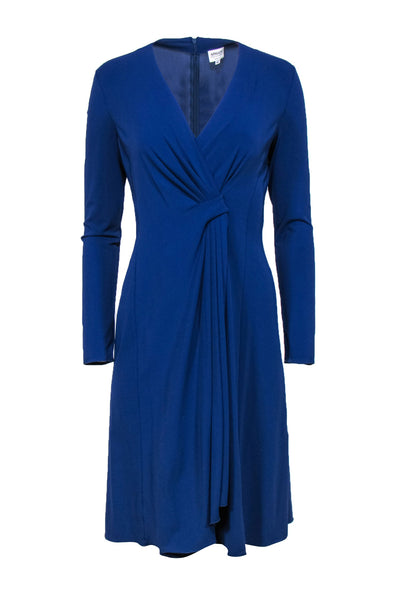 Current Boutique-Armani Collezioni - Dark Blue Long Sleeve Pleated Draped Sheath Dress Sz 10