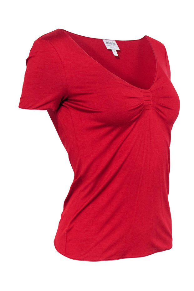 Current Boutique-Armani Collezioni - Dark Red Short Sleeve Tee w/ Ruched Bust Sz 6