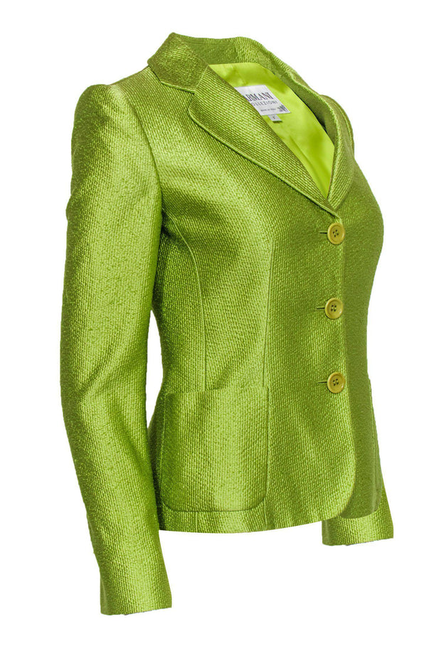Current Boutique-Armani Collezioni - Metallic Lime Green Ribbed Blazer Sz 2