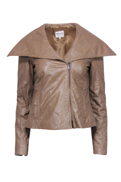 Current Boutique-Armani Collezioni - Tan Textured Leather Draped Zip-Up Jacket Sz 6
