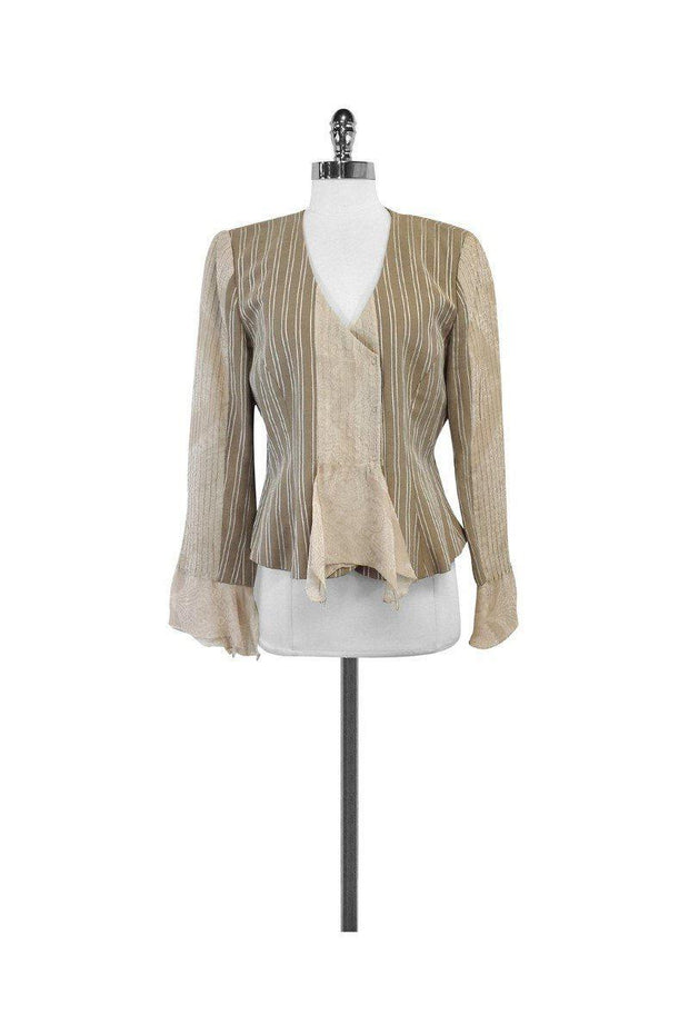 Current Boutique-Armani Collezioni - Tan & White Pin Striped Linen & Silk Jacket Sz 12