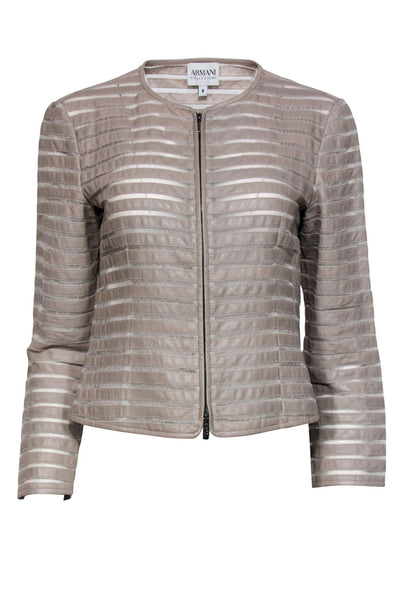 Current Boutique-Armani Collezioni - Taupe Leather & Silk Striped Zip-Up Jacket Sz 8