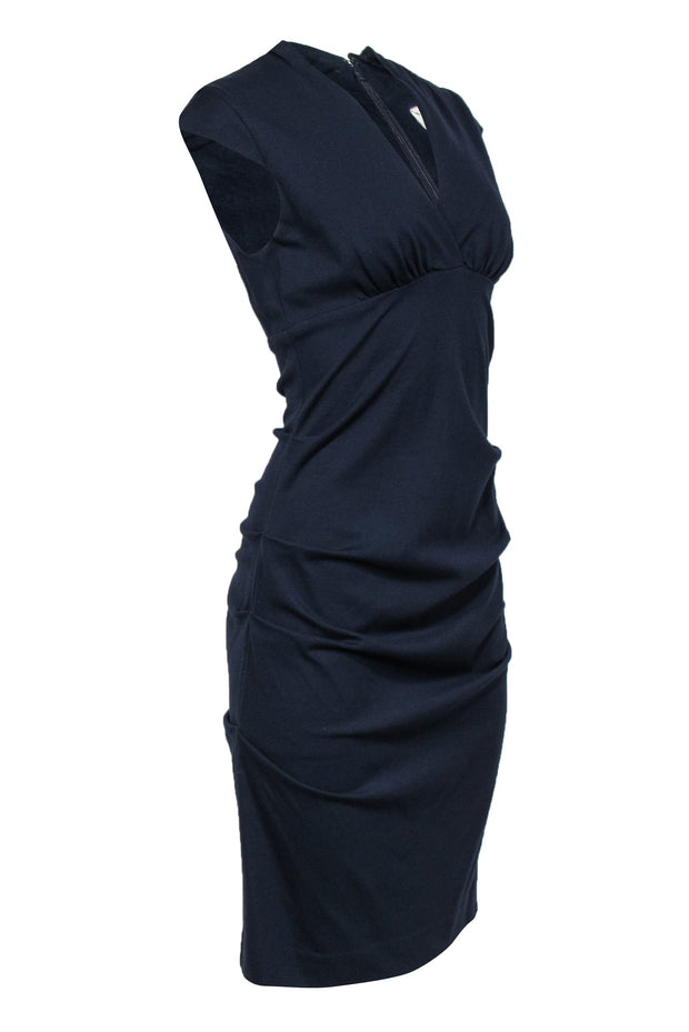 Current Boutique-Artelier Nicole Miller - Navy Ruched Side Cap Sleeve Sheath Dress Sz 8