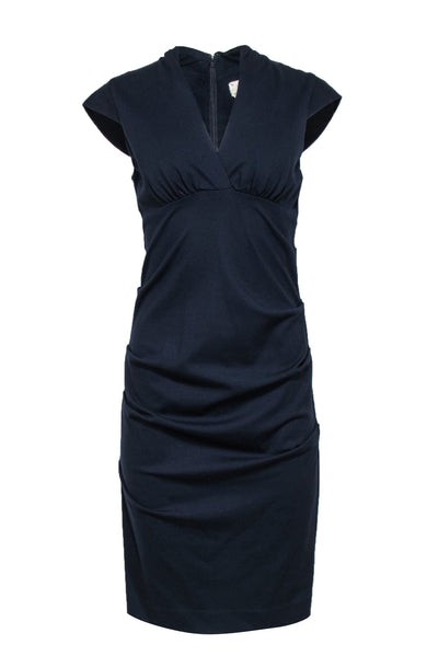 Current Boutique-Artelier Nicole Miller - Navy Ruched Side Cap Sleeve Sheath Dress Sz 8