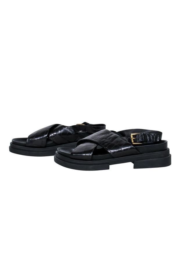 Current Boutique-Ash - Black Leather Reptile Embossed Platform Sandals Sz 9