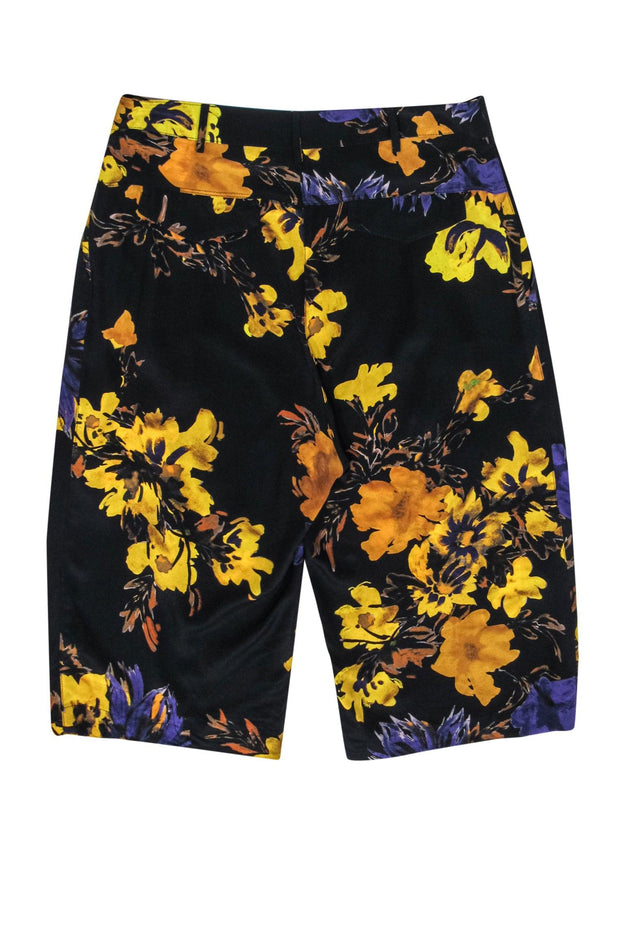 Current Boutique-Atos Lombardini - Black, Yellow & Purple Floral Print Bermuda Shorts Sz 6