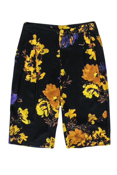 Current Boutique-Atos Lombardini - Black, Yellow & Purple Floral Print Bermuda Shorts Sz 6