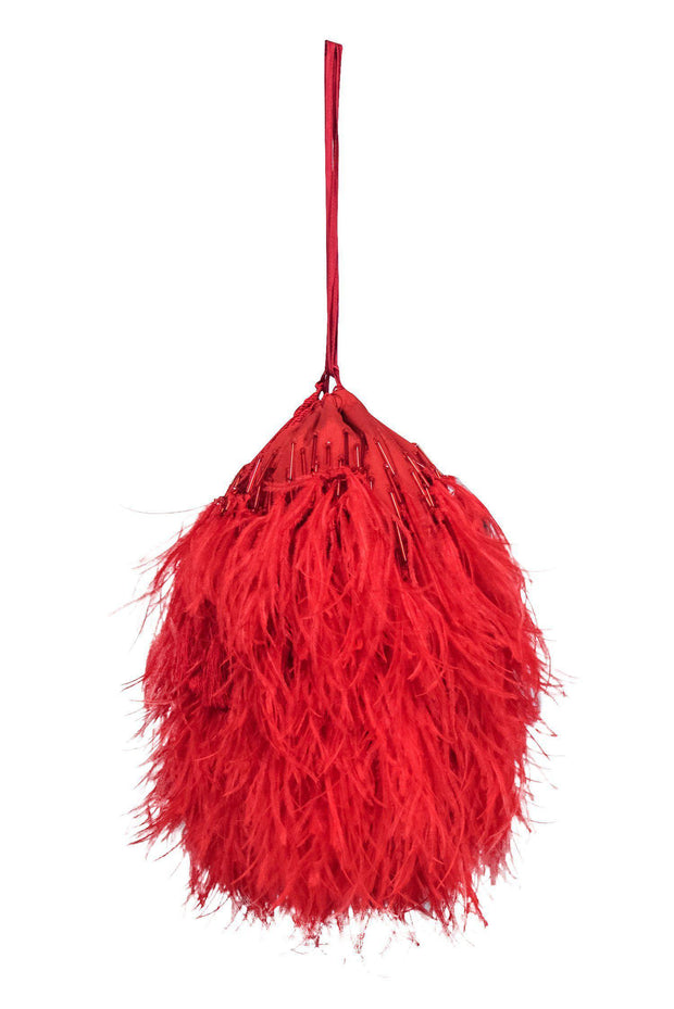 Current Boutique-Attico - Red Ostrich Feather Beaded Bucket Bag
