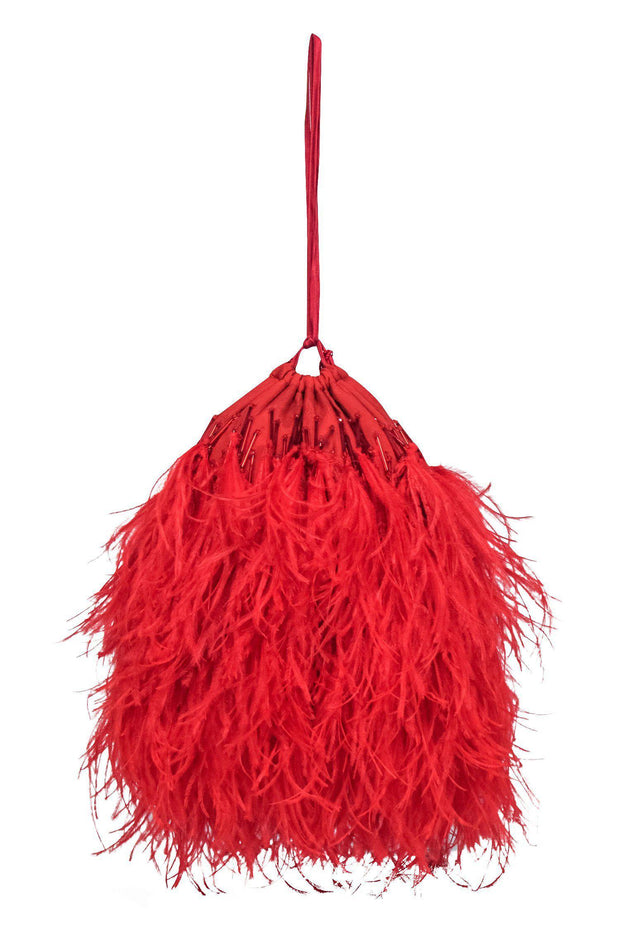 Current Boutique-Attico - Red Ostrich Feather Beaded Bucket Bag