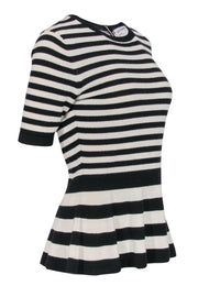 Current Boutique-Autumn Cashmere - Beige & Black Short Sleeve Striped Sweater w/ Peplum Hem Sz M