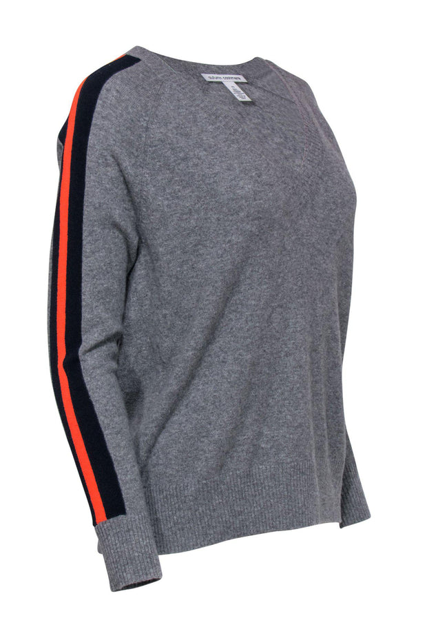 Current Boutique-Autumn Cashmere - Grey Cashmere Sweater w/ Orange & Navy Racing Stripes Sz XS