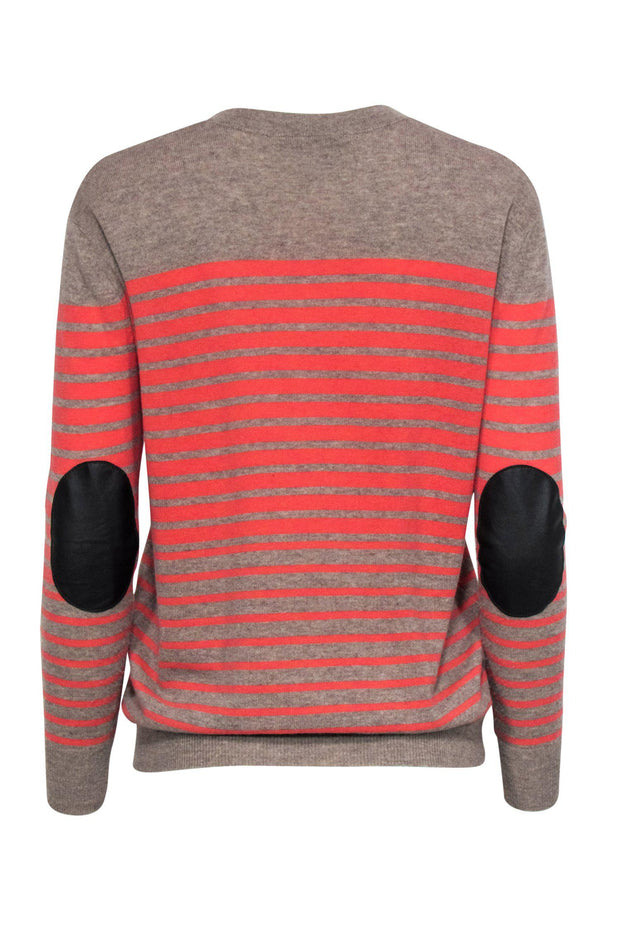 Current Boutique-Autumn Cashmere - Taupe & Coral Striped Cashmere Sweater w/ Elbow Patches Sz XS