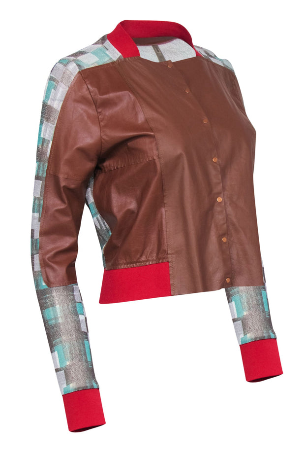 Current Boutique-Aviu - Brown Leather Blouse w/ Red Trim & Sheer Sparkly Checkered Paneling Sz S